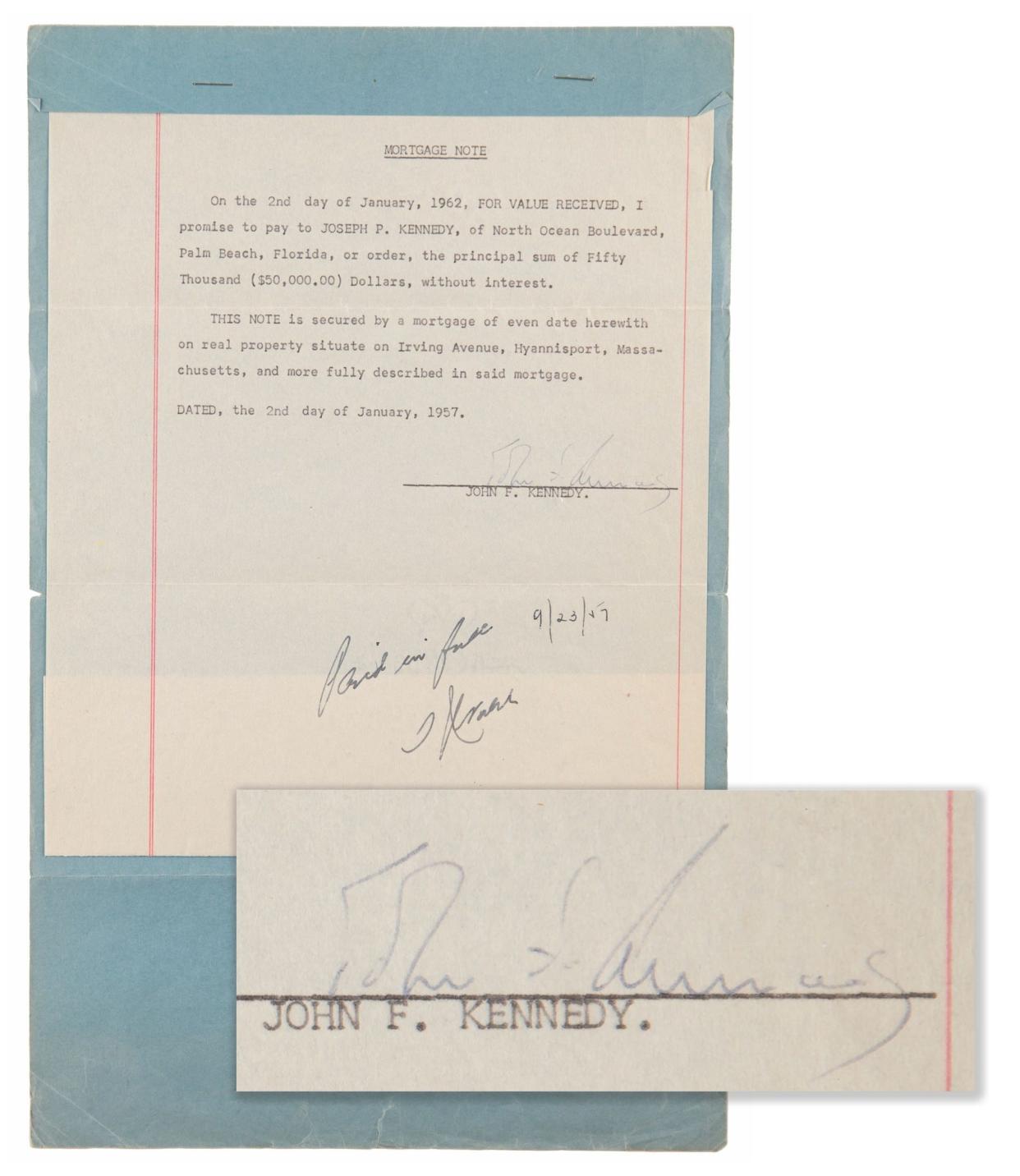 A rare piece of American memorabilia tied into the Hyannisport home of John F. Kennedy is now up for grabs by the highest bidder. The item is a mortgage note between JFK and his father, Joseph Kennedy Sr., dating to 1957, the year after JFK just missed winning his party's nomination for vice president under Adlai Stevenson. It was three years before JFK declared his own candidacy, and four years before he was inaugurated.