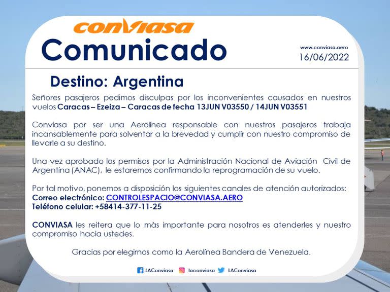 Comunicado difundido por la aerolínea en las últimas horas