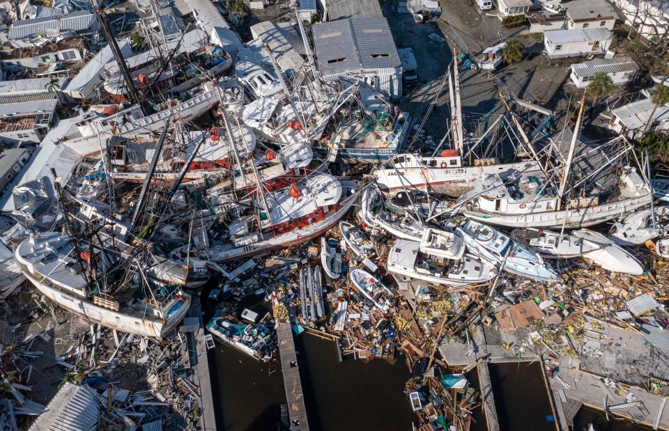 Damage to Ft. Myers marinad near bridge to Ft. Myers Beach after Hurricane Ian on September 29 2022.