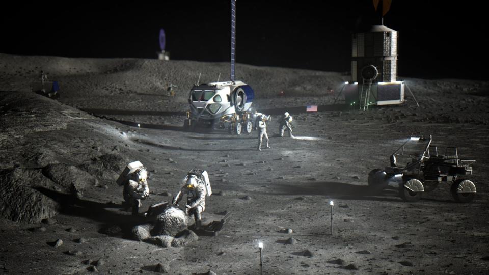 illustration of four spacesuited astronauts exploring the moon, with two rovers and a lander nearby.