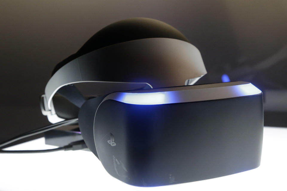 The PlayStation 4 virtual reality headset Project Morpheus is shown in a demo area at the Game Developers Conference 2014 in San Francisco, Wednesday, March 19, 2014. (AP Photo/Jeff Chiu)