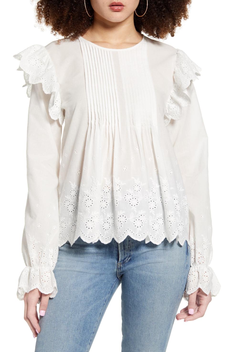 English Factory Eyelet Lace Pintuck Cotton Blouse