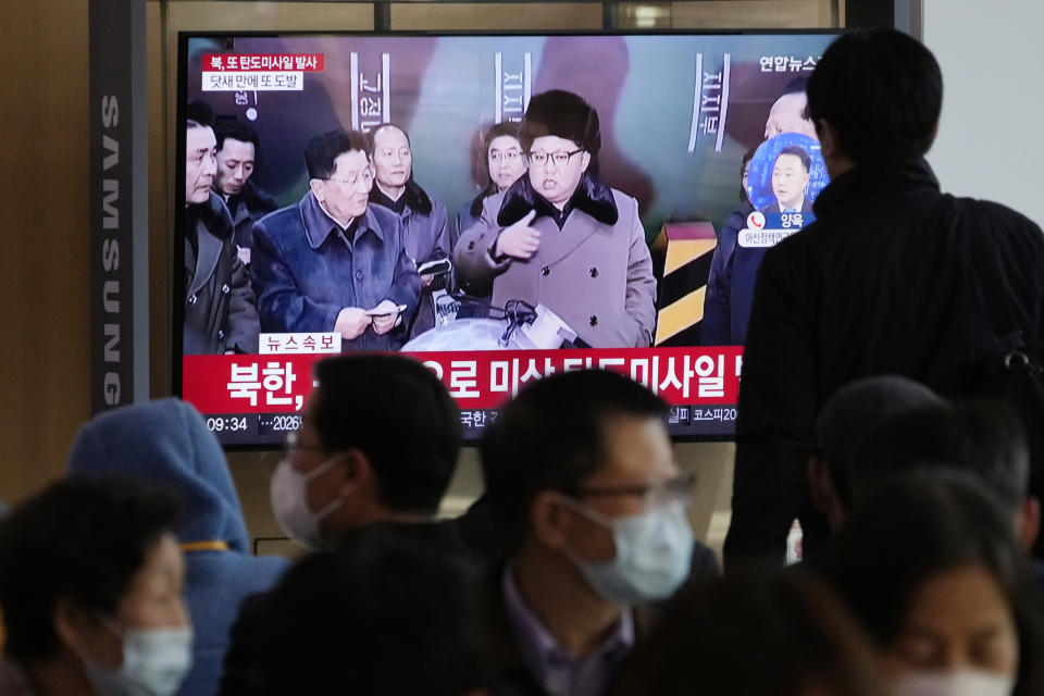 A TV screen shows a file image of North Korean leader Kim Jong Un during a news program at the Seoul Railway Station in Seoul, South Korea, Wednesday, Nov. 2, 2022. South Korea says it has issued an air raid alert for residents on an island off its eastern coast after North Korea fired a few missiles toward the sea. (AP Photo/Ahn Young-joon)