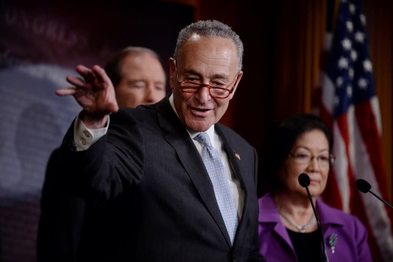 Senate Minority Leader Schumer holds news conference before Trump impeachment trial reconvenes on Capitol Hill in Washington