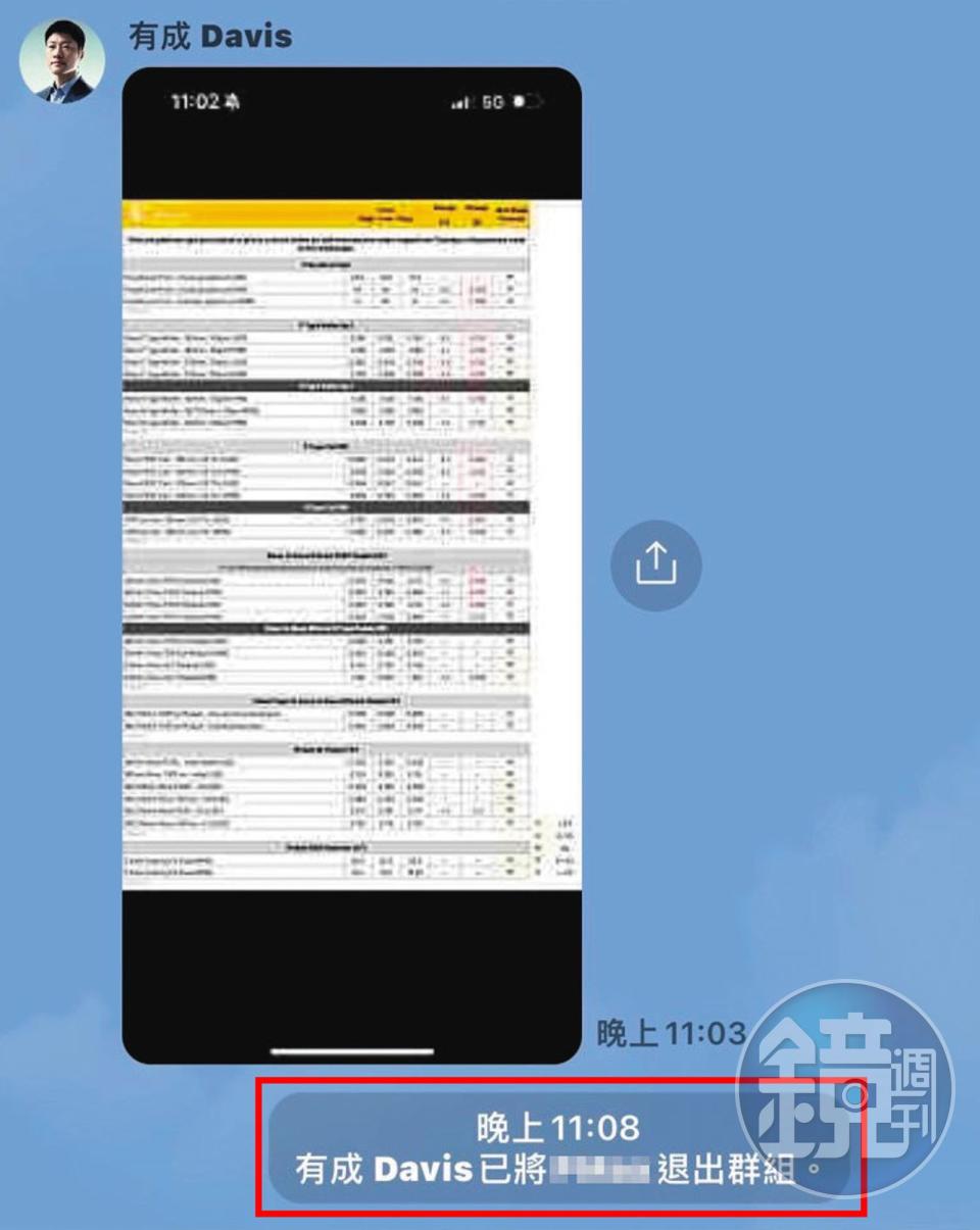 陳思銘（Davis）向A先生坦承不倫後，竟將A先生踢出數個公司群組。（讀者提供）