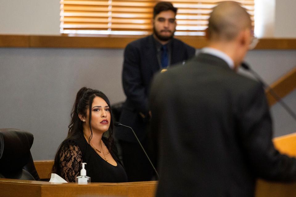 Saundra Gonzales, left, fields questions from prosecutor Salvador Guardiola, right, during the trial of Lalo Anthony Castrillo IV on Monday, August 28, 2023, at the 3rd Judicial District Court. Castrillo is accused of killing Gonzales' two-year-old Faviola Rodriguez.
