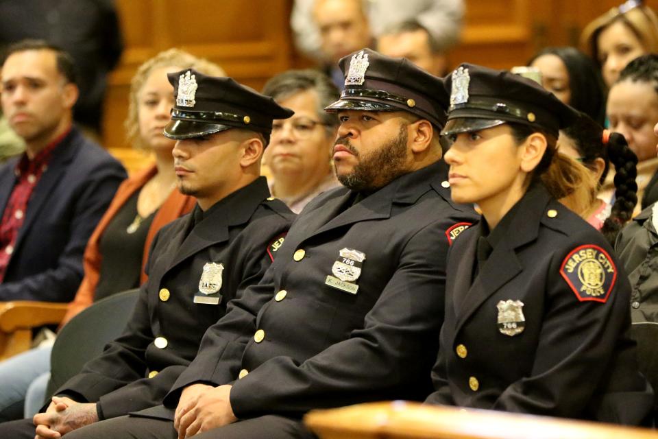 Mariela Fernandez, Kendric Jackson and Raymond Sanchez were promoted to detective in the Jersey City Police Department during a ceremony at City Hall.