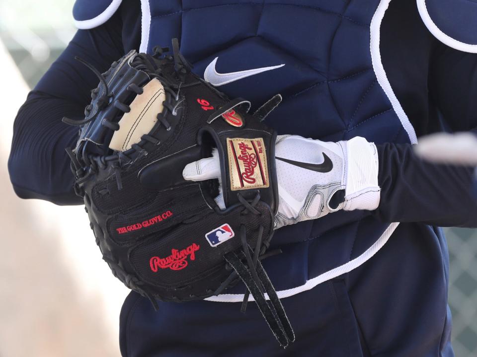 Engraved glove worn by two-time Gold Glove catcher Tucker Barnhart Detroit Tigers spring training on Thursday, March 17, 2022, at TigerTown in Lakeland, Florida.