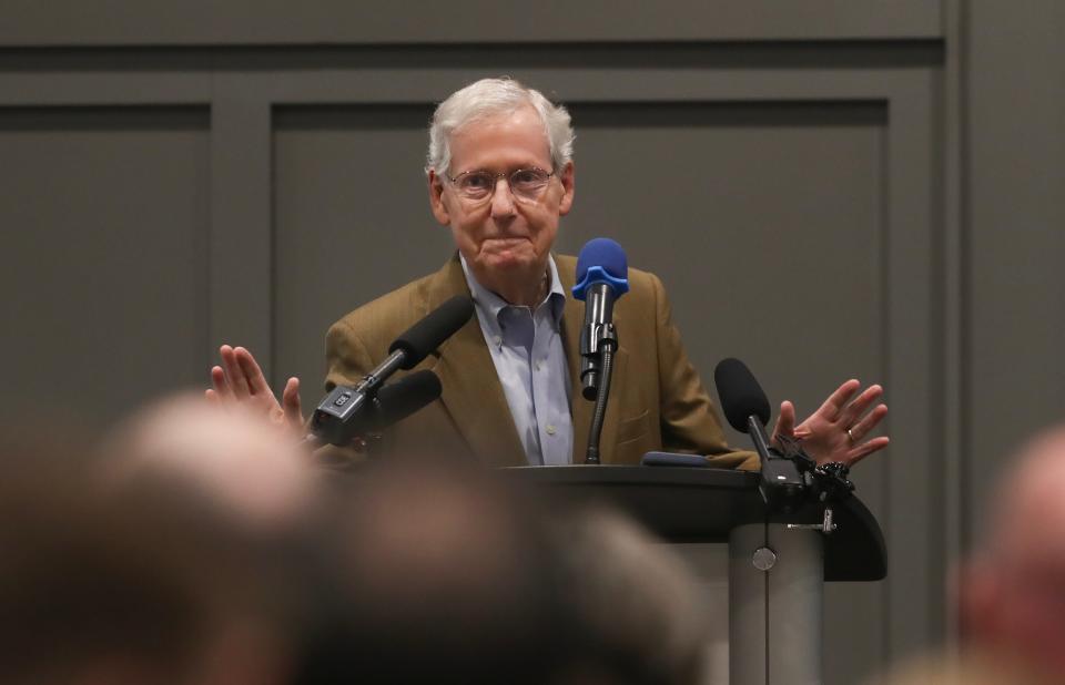 Sen. Mitch McConnell talked with the Shelby County Farm Bureau and Shelby County Chamber of Commerce in Shelbyville, Ky., on April 3, 2024.