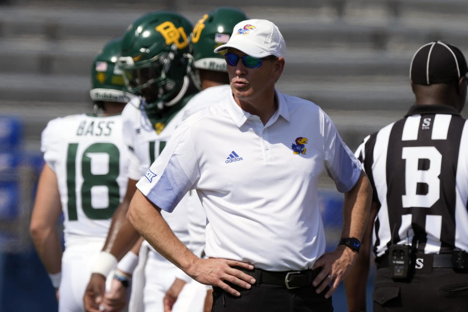 Kansas head coach Lance Leipold looks over his opponent before an NCAA college football game against Baylor in Lawrence, Kan., Saturday, Sept. 18 2021. (AP Photo/Orlin Wagner)