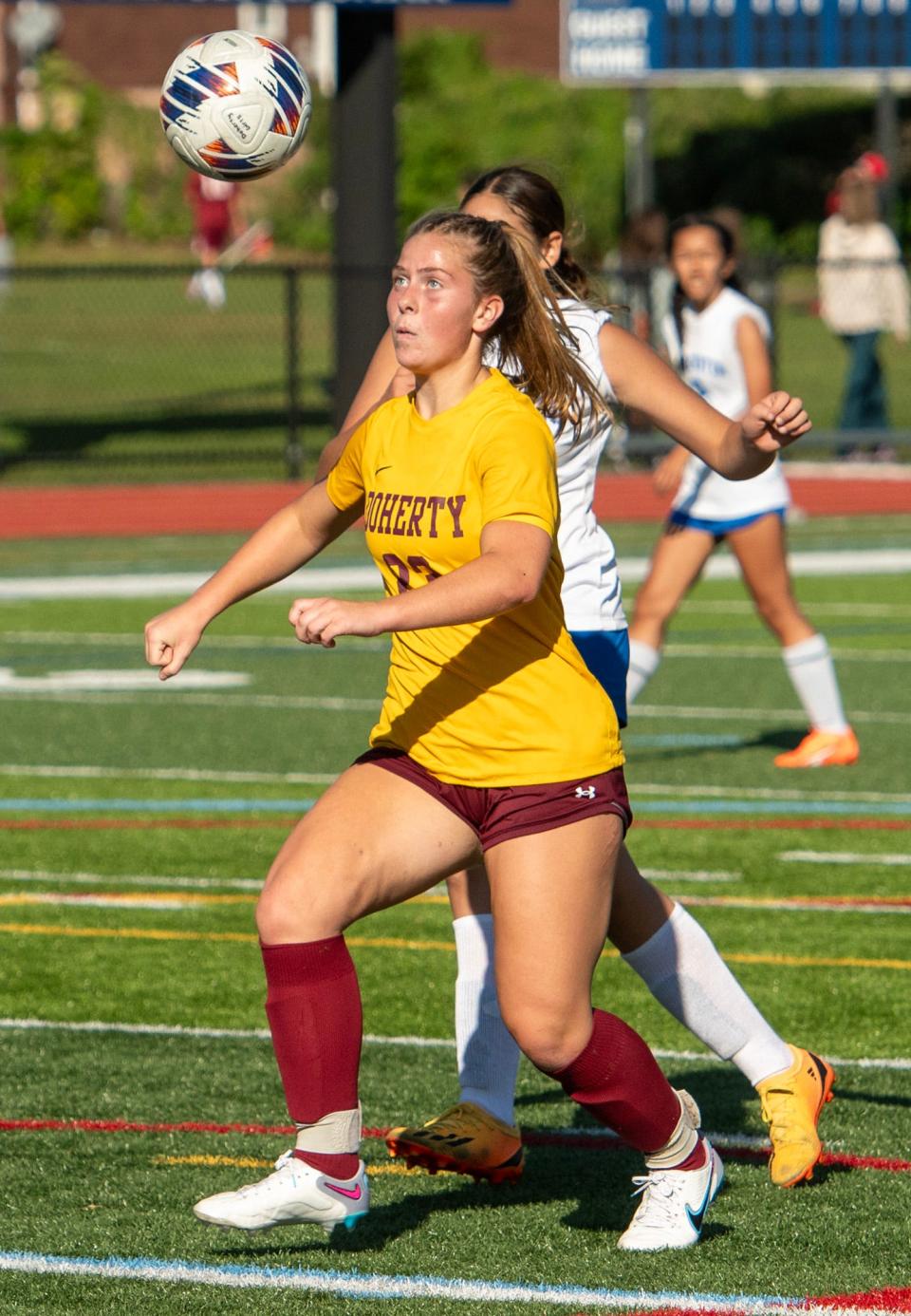 Doherty’s Brigid Murphy looks to control the ball against Worcester Tech on Wednesday.