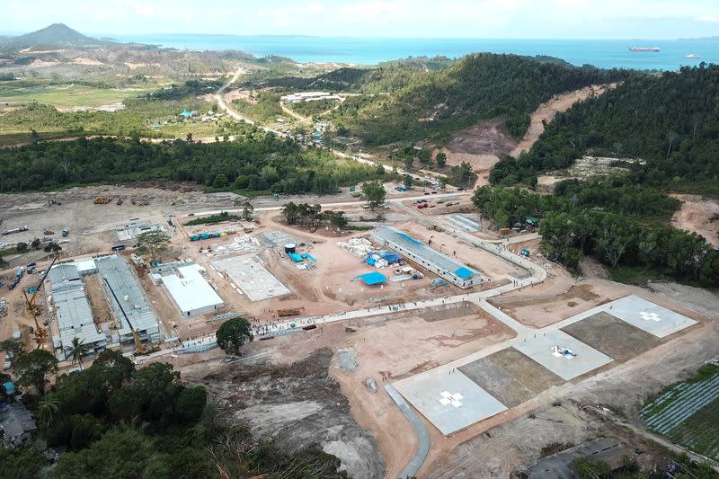 An aerial view of the works in progress of an emergency hospital at a Galang Island to prevent the spread of coronavirus disease (COVID-19) in Batam