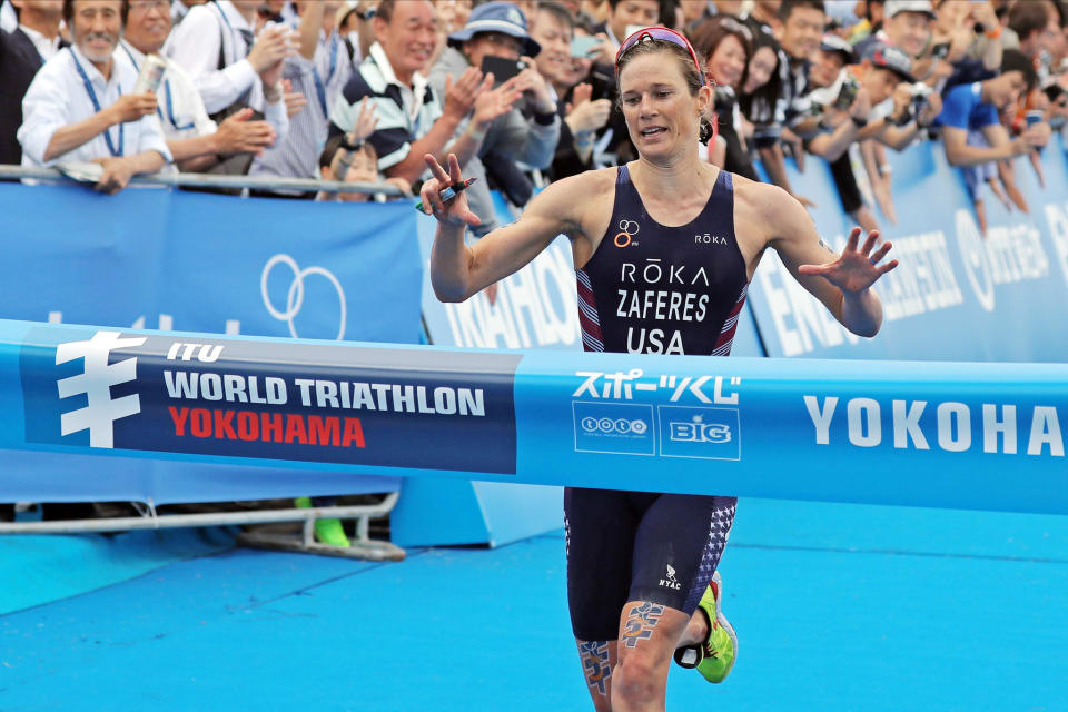 Katie Zaferes of Team USA crosses the finish line during ITU World Triathlon Elite Women in Yokohama City, Kanagawa. - Credit: Masahiro Sugimoto/AP