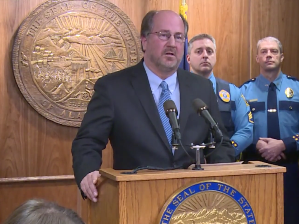 Kevin Clarkson speaking at a press conference during his tenure as Alaska attorney general: (NBC News)