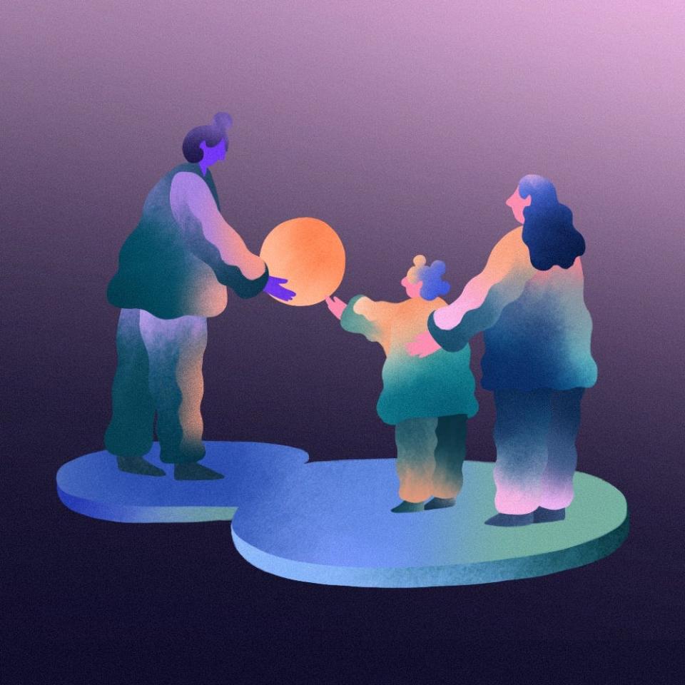 A woman standing on a circular platform passes a golden glowing orb to a mother and child standing on another circular platform