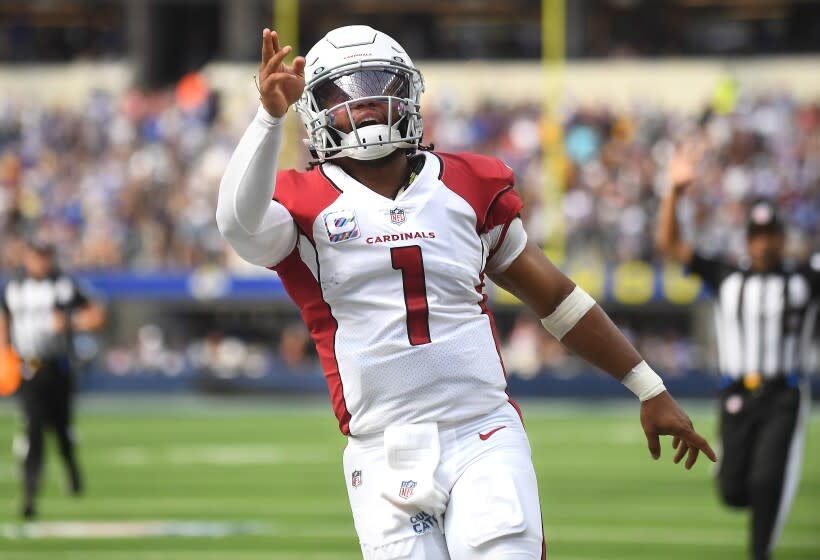 Inglewood, CA. October 3, 2021: Cardinals quarterback Kyler Murray celebrates his first down run against the Rams in the second quarter at SoFi Stadium Sunday. (Wally Skalij/Los Angeles Times)