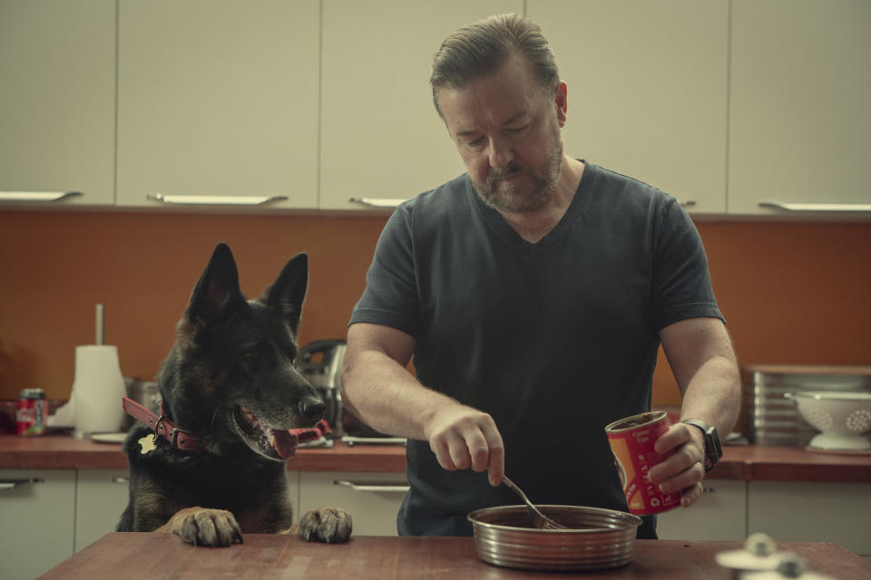 Ricky Gervais, shown in a scene from the newly released third season of Netflix's "After Life"