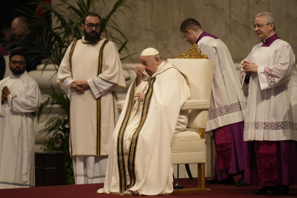 Pope Francis arrives to preside over the canonization of new Argentine Saint, María Antonia de Paz y Figueroa also known as "Mama Antula" in St. Peter's Basilica at The Vatican, Sunday, Feb. 11, 2024. (AP Photo/Alessandra Tarantino)