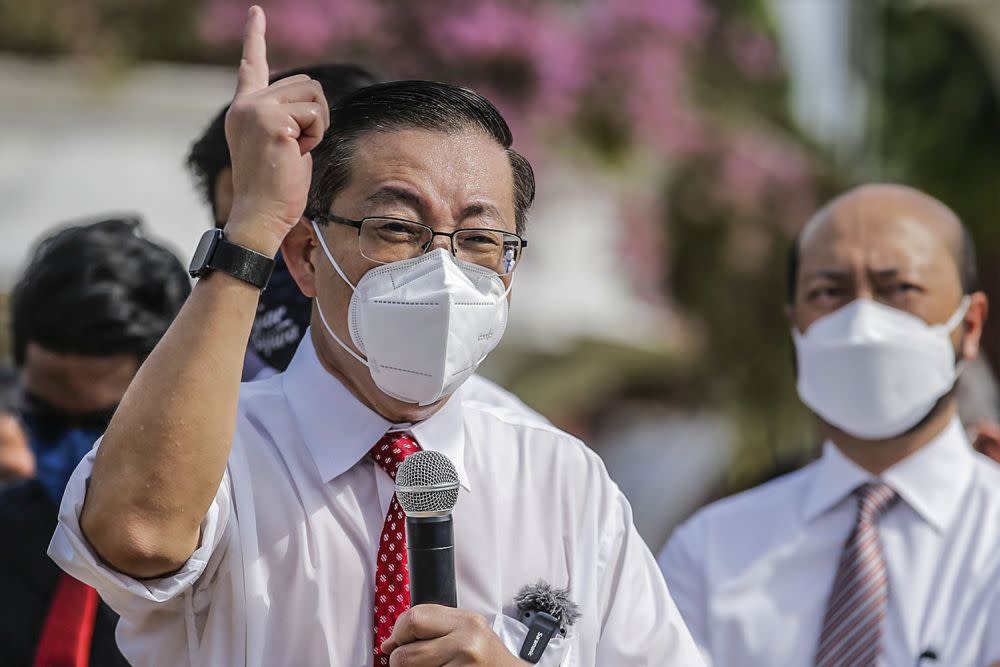 Bagan MP Lim Guan Eng addresses members of the media at the Merdeka Square in Kuala Lumpur August 2, 2021. — Picture by Hari Anggara