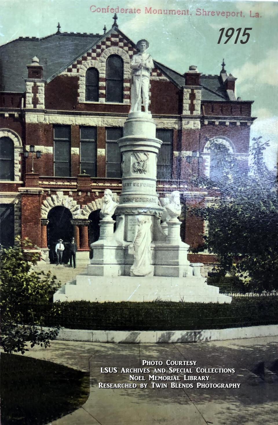 Historic photos of the Confederate monument at Caddo Parish Courthouse.