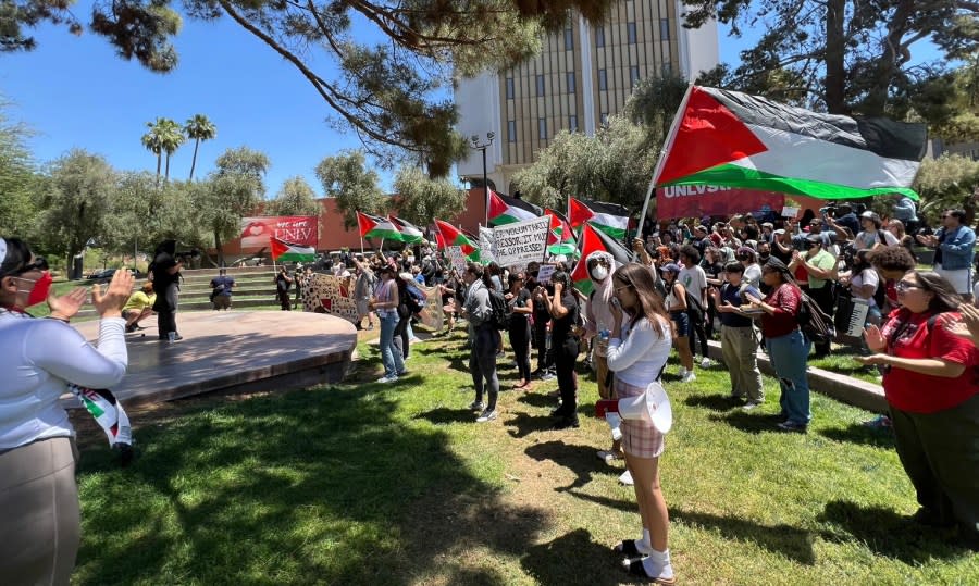 Demonstrators gathered at the University of Nevada, Las Vegas, on Wednesday to protest the ongoing Middle Eastern conflict. (Ryan Matthey / KLAS)
