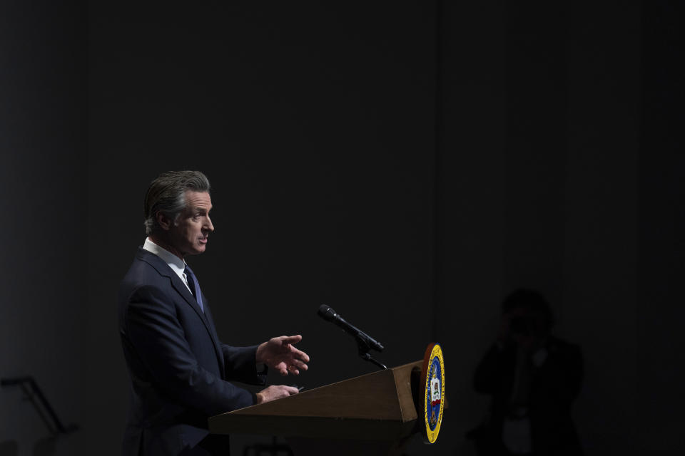 California Gov. Gavin Newsom discusses his proposed state budget for the 2024-2025 fiscal year, during a news conference in Sacramento, Calif., Wednesday, Jan. 10, 2024. (AP Photo/Rich Pedroncelli)