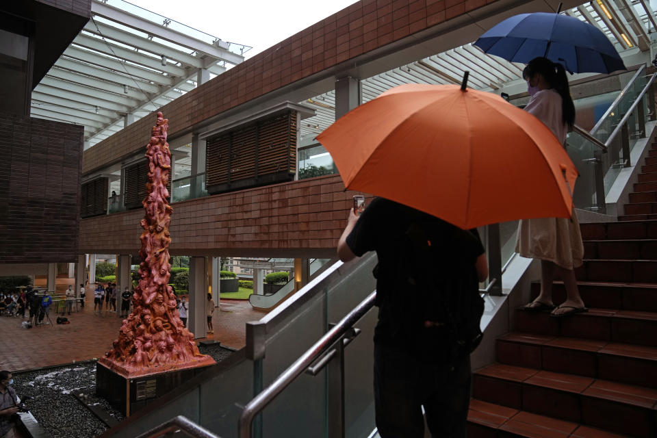 FILE - The "Pillar of Shame" statue, a memorial for those killed in the 1989 Tiananmen crackdown, is displayed at the University of Hong Kong, Oct. 13, 2021. For Hong Kong’s pro-democracy movement, 2021 has been a year in which the city’s authorities and the central government in Beijing stamped out nearly everything it had stood for. (AP Photo/Kin Cheung, File)