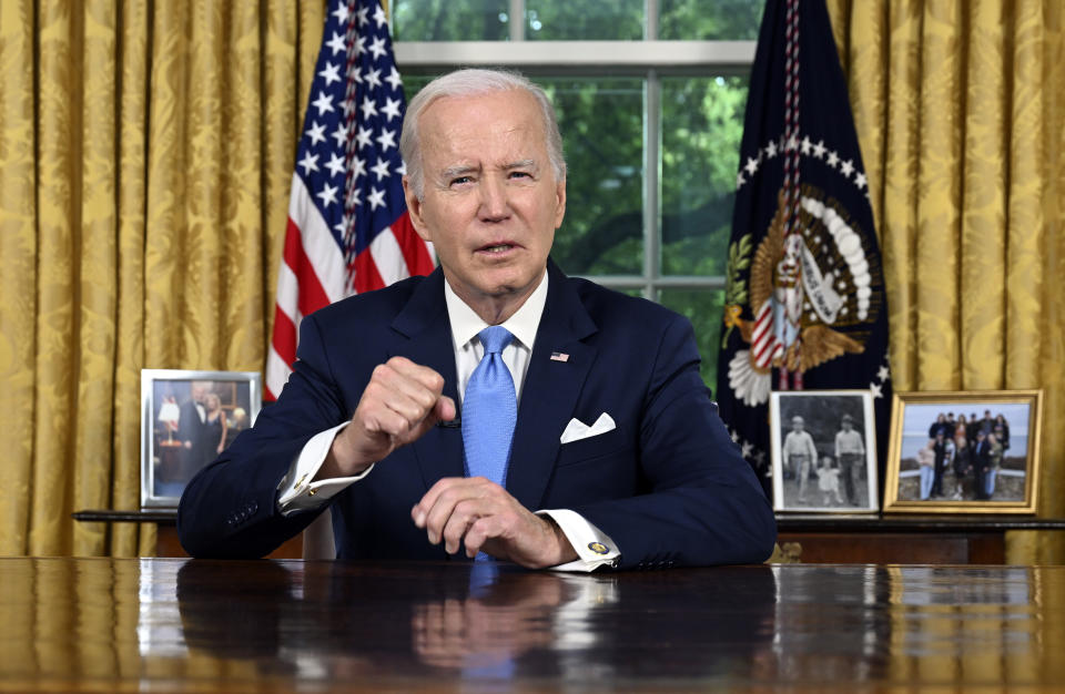 President Joe Biden addresses the nation on the budget deal that lifts the federal debt limit and averts a U.S. government default, from the Oval Office of the White House in Washington, Friday, June 2, 2023. (Jim Watson/Pool via AP)