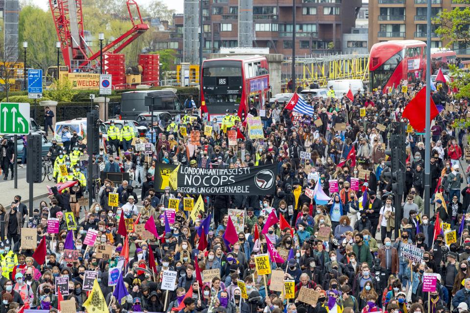  Protesters march through London during a Kill The Bill protest, one of 40 demonstrations arranged across the UK.
The protest is against the police, crime, sentencing and courts bill which would grant the police a range of new discretionary powers to shut down protests. (Photo by Dave Rushen / SOPA Images/Sipa USA) 