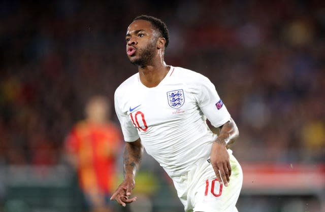 England’s Raheem Sterling celebrates scoring his side’s first goal of the game during the Nations League match against Spain