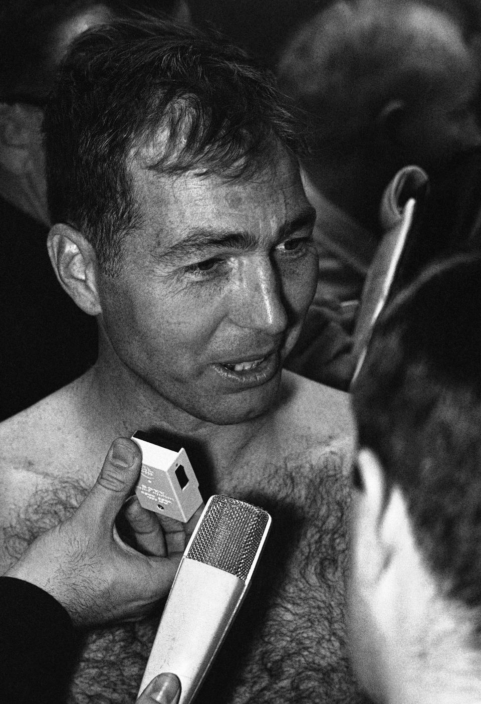 FILE - Green Bay Packers quarterback Bart Starr is interviewed in the dressing room after the Packers 35-10 win over the Kansas City Chiefs in the Super Bowl in Los Angeles, Jan. 15, 1967. The team's offenses were led by future Hall of Famers Bart Starr and Len Dawson. (AP Photo, File)