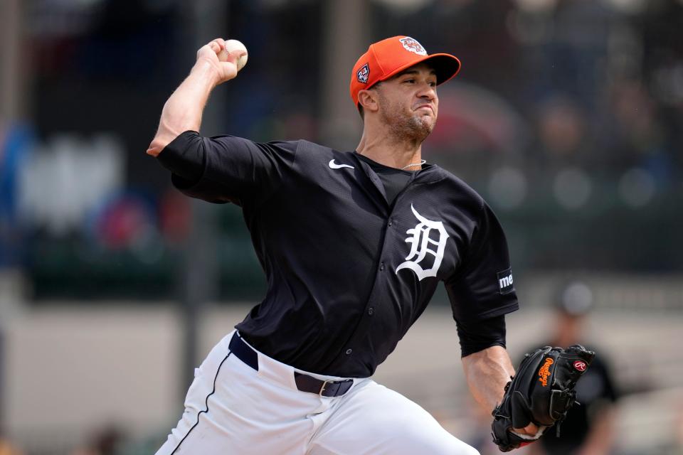 Detroit Tigers starting pitcher Jack Flaherty throws during the first inning of a spring training baseball game against the Pittsburgh Pirates Saturday, March 2, 2024, in Lakeland, Florida.