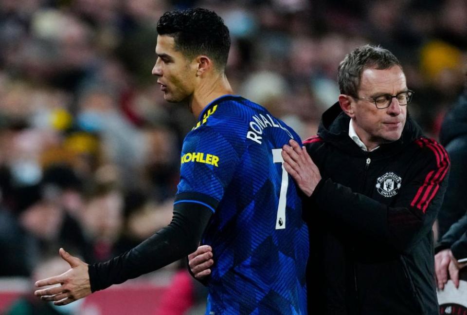 Ralf Rangnick takes off an unimpressed Cristiano Ronaldo at Brentford