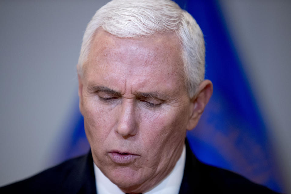 Vice President Mike Pence speaks during a coronavirus task force meeting at the Department of Health and Human Services, Thursday, Feb. 27, 2020, in Washington. (AP Photo/Andrew Harnik)