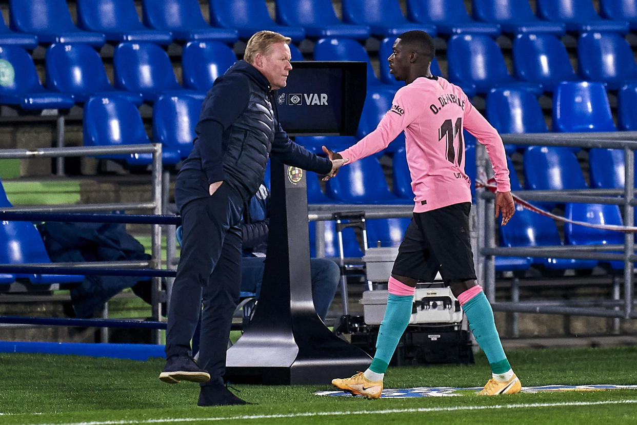 GETAFE, SPAIN - OCTOBER 17: Ousmane Dembele of FC Barcelona salutes Ronald Koeman after being substituted during the La Liga Santader match between Getafe CF and FC Barcelona at Coliseum Alfonso Perez on October 17, 2020 in Getafe, Spain. (Photo by Mateo Villalba/Quality Sport Images/Getty Images)