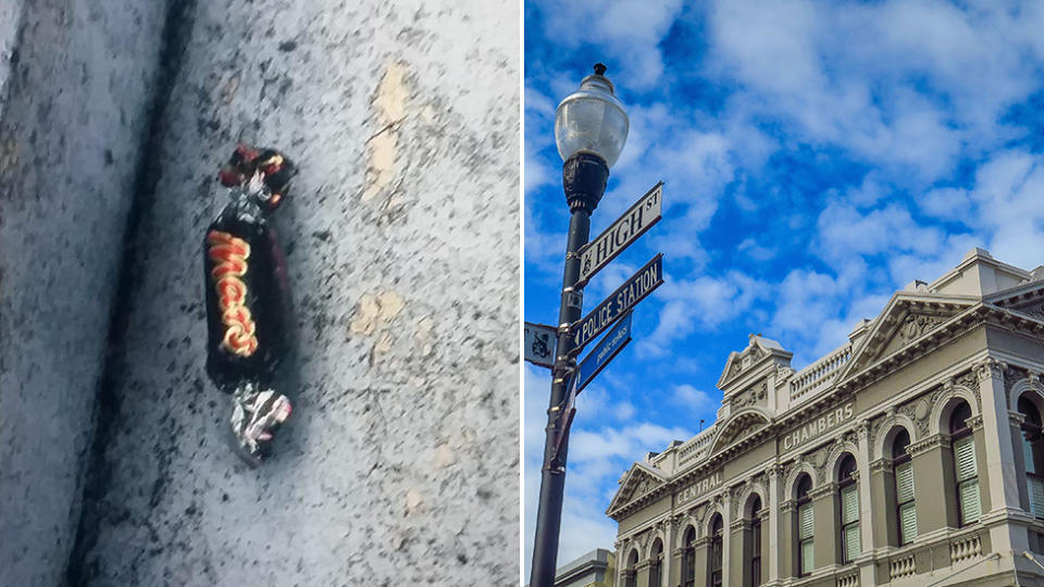 Photo shows one of the contaminated chocolates found in Fremantle, and (right) the Central Chambers building on High Street, Fremantle.