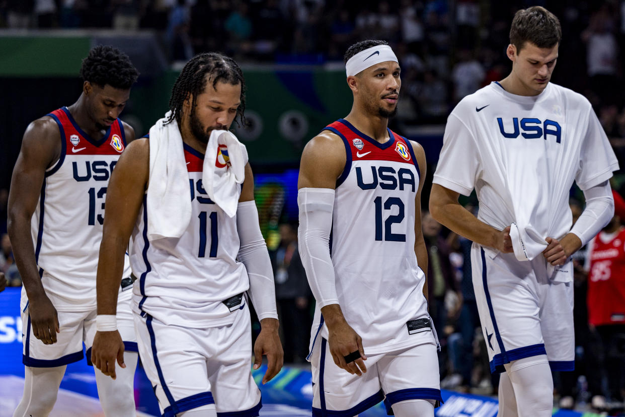 MANILA, PHILIPPINES - SEPTEMBER 08: USA leave the court after losing the FIBA Basketball World Cup Semi Final game between USA and Germany at Mall of Asia Arena on September 08, 2023 in Manila, Philippines. (Photo by Ezra Acayan/Getty Images)
