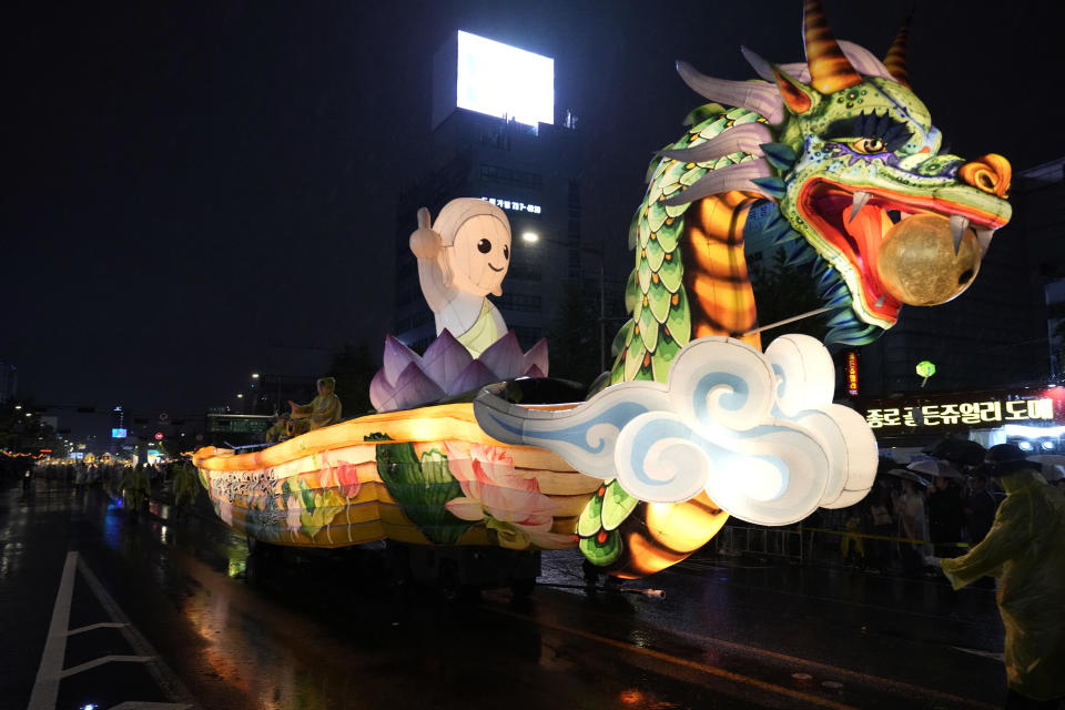 A giant lantern float moves past in a parade during the Lotus Lantern Festival, ahead of the birthday of Buddha at Dongguk University in Seoul, South Korea, Saturday, May 11, 2024. (AP Photo/Ahn Young-joon)