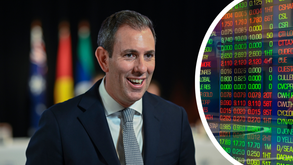 A composite image of Treasurer Jim Chalmers and the ASX board showing company price changes.