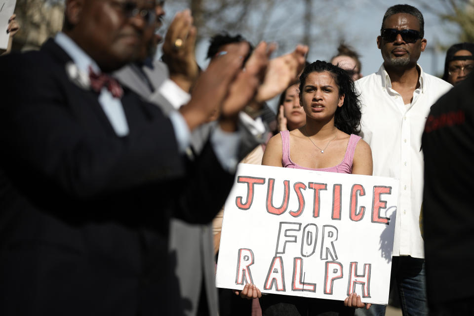 People attend a rally to support Ralph Yarl, Tuesday, April 18, 2023, in Kansas City, Mo. Yarl, a Black teenager, was shot last week by a white homeowner when he mistakenly went to the wrong address to pick up his younger brothers. (AP Photo/Charlie Riedel)