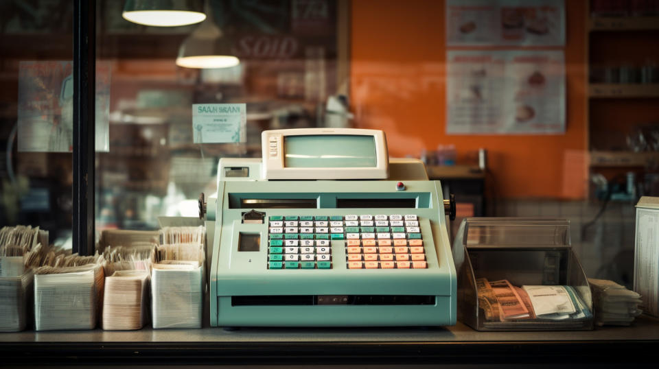 A close-up of a cash register, with passengers lined up at the window, illustrating the company's payments and holdings.