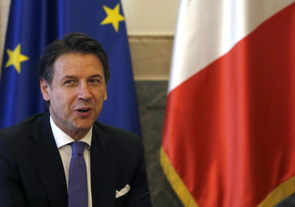 Italian Prime Minister Giuseppe Conte speaks during talks with Serbian President Aleksandar Vucic in Belgrade, Serbia, Wednesday, March 6, 2019. Conte is on a one-day official visit to Serbia. (AP Photo/Darko Vojinovic)