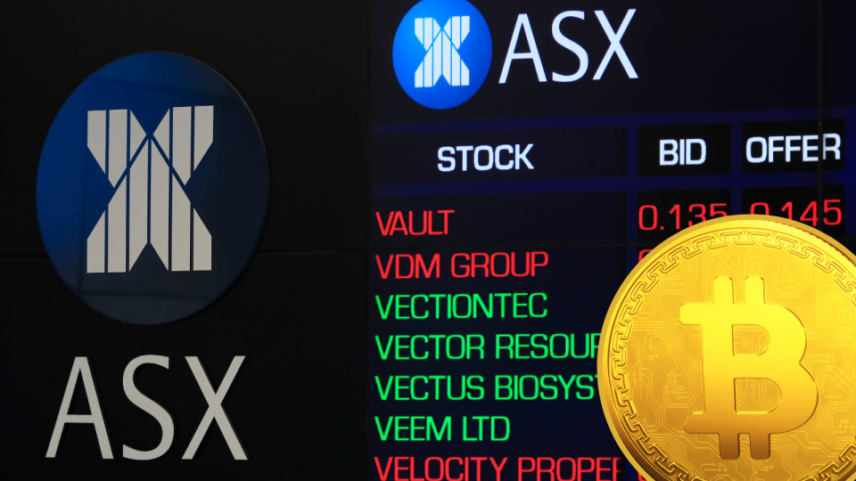 The ASX logo and board and a Bitcoin.