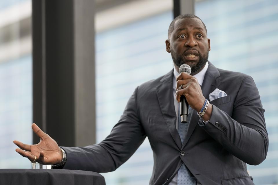 Milwaukee Bucks new head coach Adrian Griffin speaks after being introduced at a news conference Tuesday, June 6, 2023, in Milwaukee. (AP Photo/Morry Gash)