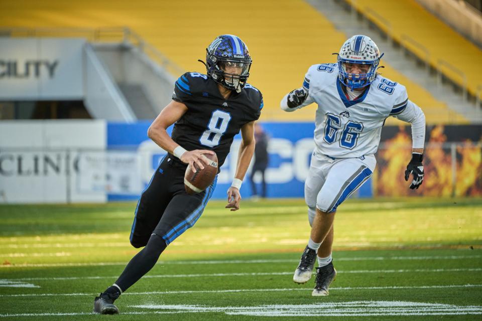 Dec 9, 2022; Tempe, AZ, USA; ALA Gilbert North Eagles quarterback Adam Damante (8) rushes the ball against the Snowflake Lobos during the AIA 4A state championship game at Sun Devil Stadium in Tempe on Friday, Dec. 9, 2022. Mandatory Credit: Alex Gould/The Republic