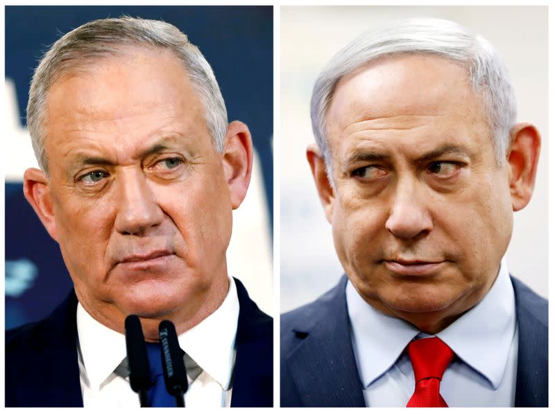 FILE PHOTO: A combination picture shows Gantz, leader of Blue and White party in Tel Aviv and Israeli Prime Minister Netanyahu in Kiryat Malachi