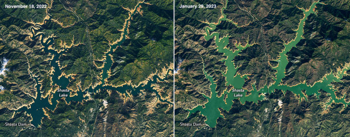 Shasta Lake before and after December's heavy rainstorms. NASA