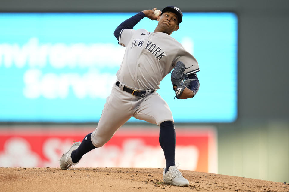 New York Yankees starting pitcher Jhony Brito delivers during the first inning of a baseball game against the Minnesota Twins, Monday, April 24, 2023, in Minneapolis. (AP Photo/Abbie Parr)