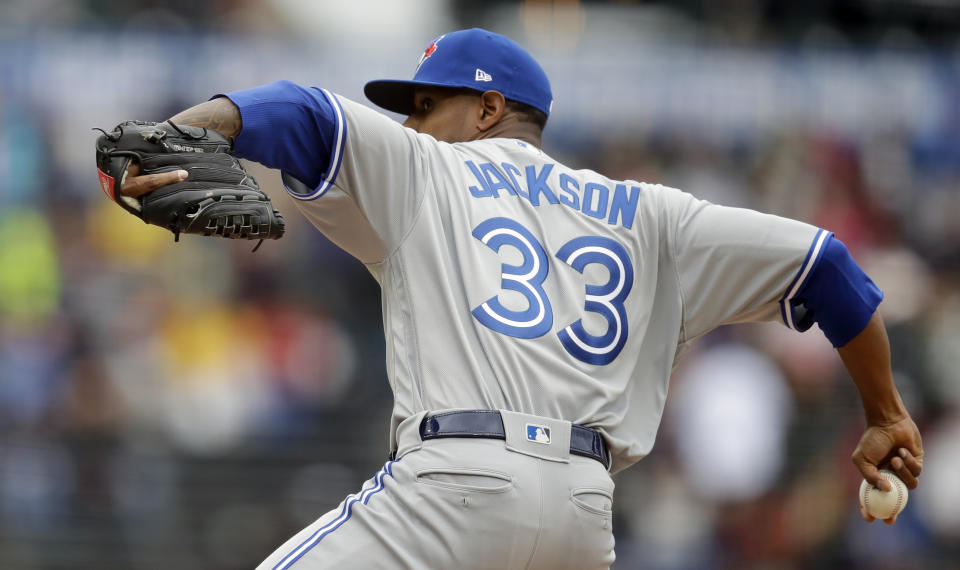 Toronto Blue Jays pitcher Edwin Jackson works against the San Francisco Giants in the first inning of a baseball game Wednesday, May 15, 2019, in San Francisco. (AP Photo/Ben Margot)