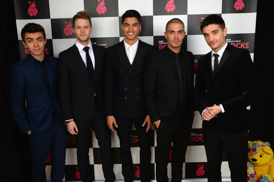 Nathan Sykes, Jay McGuiness, Siva Kaneswaran, Max George and Tom Parker of The Wanted pose backstage during the 'BBC Children In Need Rocks' at Eventim on November 12, 2013 in London, England. (Photo by Dave J Hogan/Getty Images)